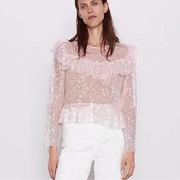 Zara Petal Pink Sequin Ruffle Blouse Medium Party Date Holidays - Picture 1 of 8